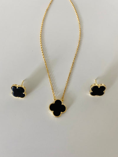 Black Onyx Leaf Clover Necklace & Earring Set