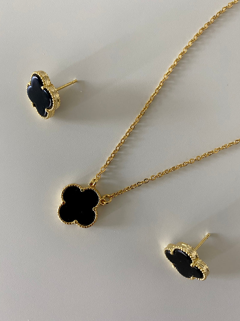 Black Onyx Leaf Clover Necklace & Earring Set